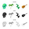 Green skull with a picture, a palm tree, a guitar, a national Mexican instrument, a cactus with spines. Mexico country