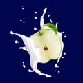 Green Sliced In Half Apple In A Milk Yogurt Splash. Apple Falling Into The Cream Splash.
