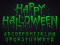 Green slime font. Halloween toxic waste letters, scary horror greens goo sign and splash liquid slimes vector isolated