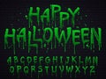 Green slime font. Halloween toxic waste letters, scary horror greens goo sign and splash liquid slimes vector isolated set