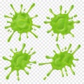 Green slime. Realistic dirt splat, goo dripping splodges of slime. Isolated vector set