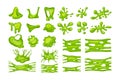 Green slime set. Collection of blots, splashes and smudges. Vector cartoon illustration of liquid. Royalty Free Stock Photo