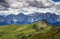 Green slopes of Carnic Alps and cliffs of Sexten Dolomites Royalty Free Stock Photo