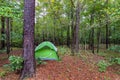 Green small tent camped in forest in Broken Bow Oklahoma