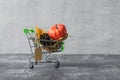 Green small toy shopping cart with birch leaves, cone and pumpkin on a concrete wall background. Price label note with rope for Royalty Free Stock Photo