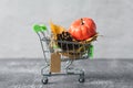 Green small toy shopping cart with birch leaves, cone and pumpkin on a concrete wall background. Price label note with rope for Royalty Free Stock Photo