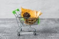 Green small toy shopping cart with leaves, cone on a concrete wall background. Autumn Concept. Royalty Free Stock Photo