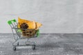 Green small toy shopping cart with leaves, cone on a concrete wall background. Autumn Concept. Royalty Free Stock Photo