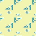 Green Smart security camera icon isolated seamless pattern on yellow background. Internet of things concept with Royalty Free Stock Photo