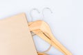 Green smart shopping concept. Paper bag with wooden hangers over light gray background with copy space