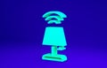Green Smart table lamp system icon isolated on blue background. Internet of things concept with wireless connection