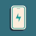 Green Smartphone charging battery icon isolated on green background. Phone with a low battery charge. Long shadow style Royalty Free Stock Photo