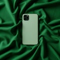A green smartphone with a triple-camera setup is placed on a draped green fabric Royalty Free Stock Photo