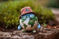 Green smiley with hat and glasses, earth formed in grass, earth day. Generative AI