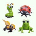 Green smiling frog, toothy caterpillar, ladybug and yellow winged beetle