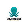 Green smiling octopus logo with glasses and four tentacles. Vector