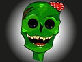 Green smiling zombie head icon with brains and yellow teeth for Halloween