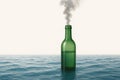 A green smoke bottle stands in the ocean. Space for text. Royalty Free Stock Photo