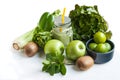 Green smoothie, apple, paprika, lime, lettuce, celery isolated Royalty Free Stock Photo