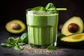 Green smoothie with avocado, spinach and chia seeds on black background, Healthy green smoothie with chia seeds, spinach and apple Royalty Free Stock Photo