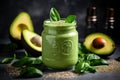 Green smoothie with avocado, spinach and chia seeds in a glass jar on a dark background, Healthy green smoothie with chia seeds, Royalty Free Stock Photo