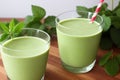 Green smoothie from banana, spinach, mint, decorated with fresh mint leaves.