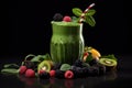 Green Smoothie With Berries, Kiwi, and Mint - Refreshing and Nutritious Beverage, Green smoothie adorned with fruits and berries
