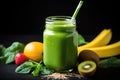 green smoothie glass with a metal straw surrounded by fruit peels