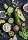 Green smoothie ingredients. Cooking healthy detox smoothies. On a dark background Royalty Free Stock Photo