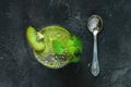 Green smoothie with kiwi, chia, mint. Copy space, top view