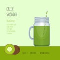 Green smoothie mason jar with recipes and ingredients. Smoothie