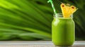 A green smoothie with a pineapple straw and some leaves, AI Royalty Free Stock Photo
