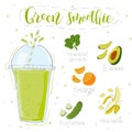 Green smoothie recipe. With illustration of ingredients. Hand draw spinach, avocado, orange, banana, cucumber. Doodle Royalty Free Stock Photo