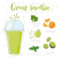 Green smoothie recipe. With illustration of ingredients. Hand draw spinach, orange, apple, kiwi, mint. Doodle style Royalty Free Stock Photo