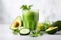 Green smoothie surrounded by vegetable and fruit ingredients Royalty Free Stock Photo