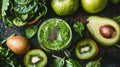 Green smoothie topped with chia seeds, mint leaf, and lemon slice