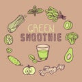 Green smoothie vector illustration. Background with vegetable frame