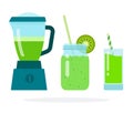 Green smoothies in a blender, in a glass jar with a straw, in a glass flat isolated