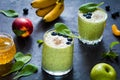 Green smoothies with spinach, blueberry and chia seeds