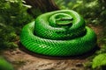 Green snake coiling in greenery of summer forest