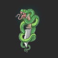 Green snake and dagger antique illustration vector graphic