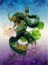 A green snake among flowers of lotus