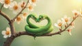 A green snake forms a heart on a branch with spring flowers, creating a tranquil scene