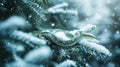 Green Snake on Snowy Pine Branch