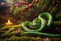Green snake under decorated Christmas tree
