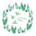 Green snakes in a cacti circle watercolor illustration on white