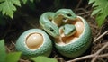 green snakes hatching from eggs in a natural habitat. close-up of vibrant green snakes emerging from cracked eggshells.