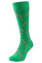 Green sock with santa claus stick drawings, concept, on white background