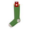 Green socks with logo tag hosiery crew length. Fashion accessory clothing technical illustration stocking. Vector
