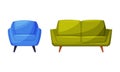 Green sofa and blue armchair, furniture for cozy room interior vector illustration Royalty Free Stock Photo